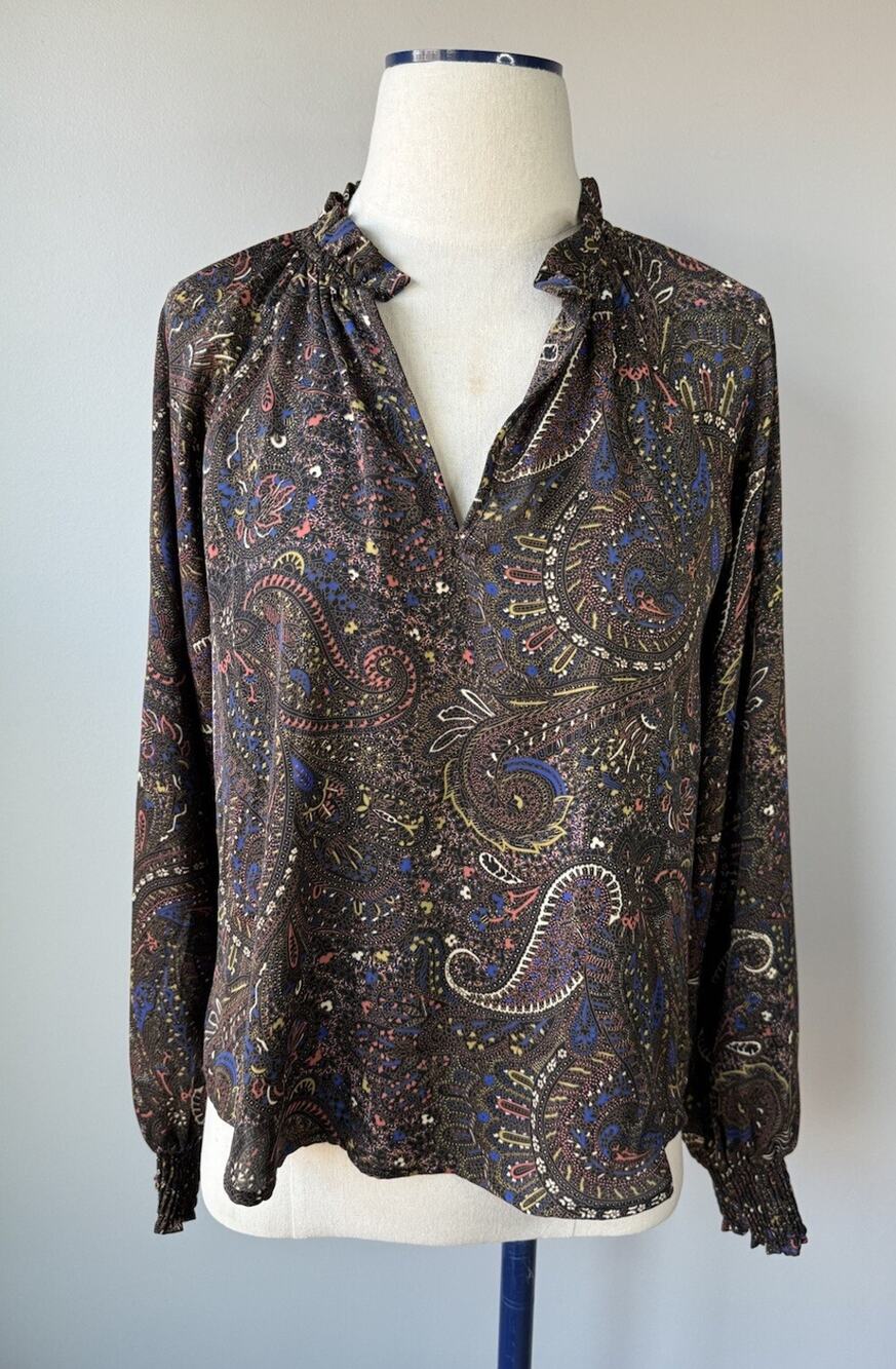 Allison Joy Womens Size XS High Neck Paisley Floral Blouse Long Sleeve Brown